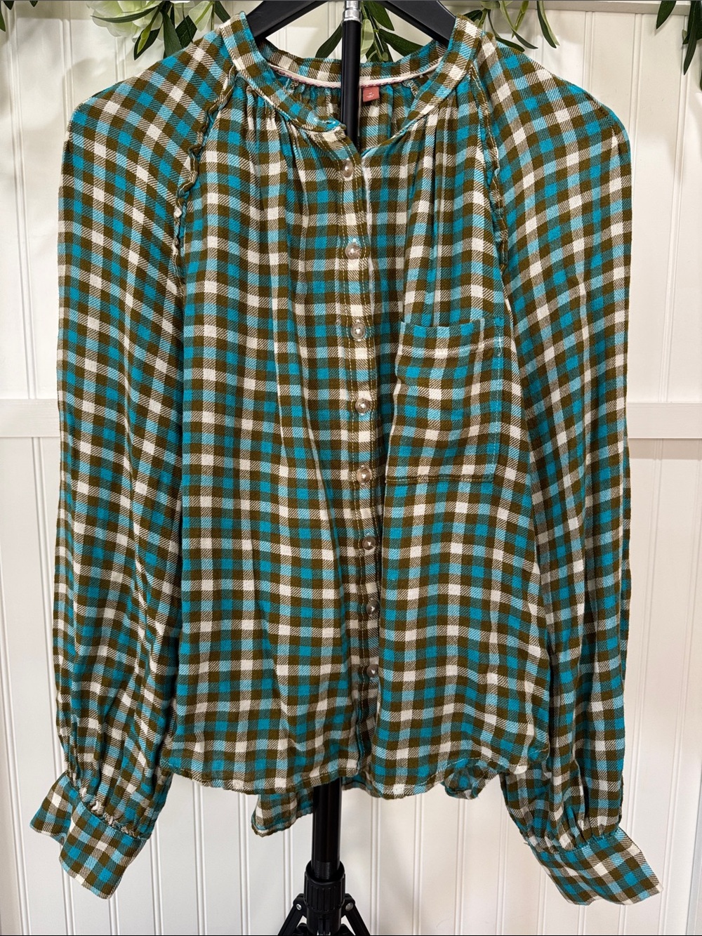 #639 Anthropologie PILCRO Breezy Teal & Olive Checked Button-Down Shirt - Picture 4 of 12